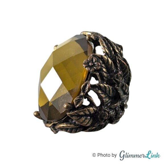 Chunky Nature Themed Faceted Green Acrylic Brass Tone Statement Ring Sz 4 - Picture 5 of 11